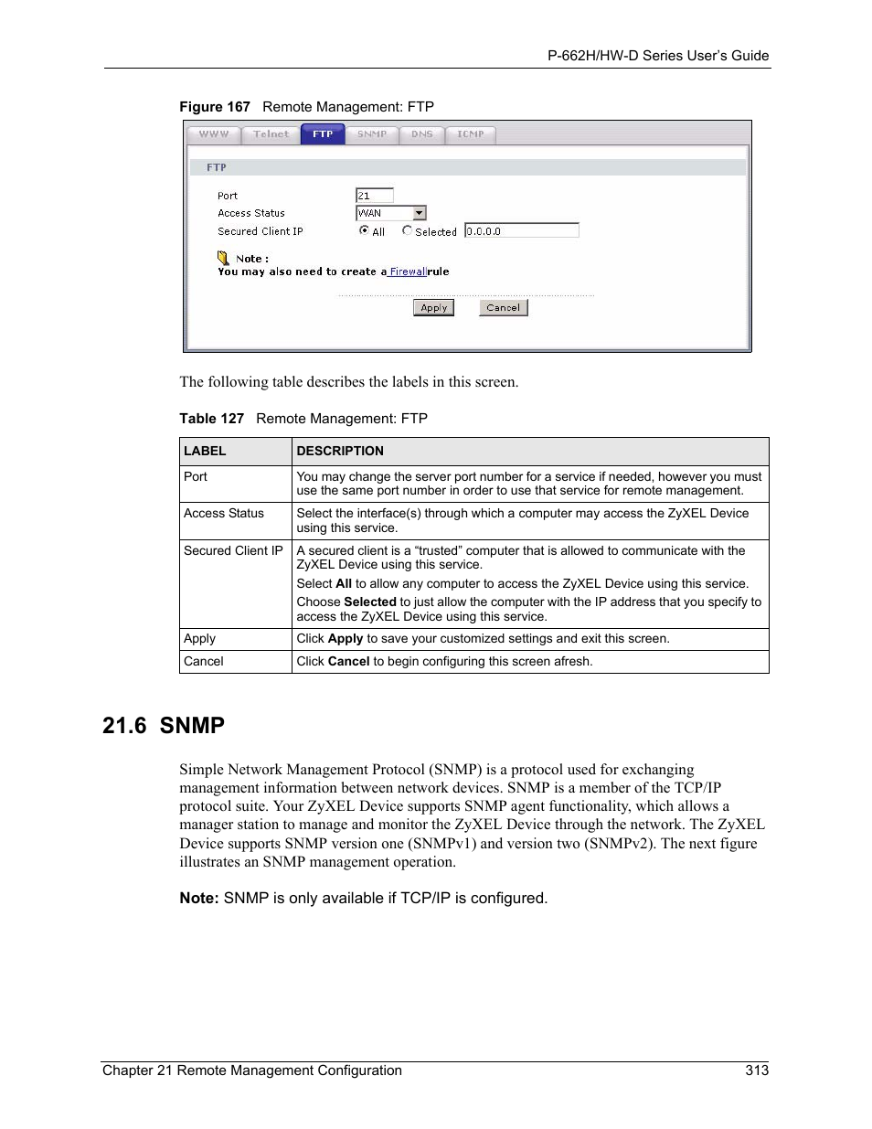 6 snmp, Figure 167 remote management: ftp, Table 127 remote management: ftp | ZyXEL Communications 802.11g ADSL 2+ 4-Port Security Gateway HW-D Series User Manual | Page 313 / 496