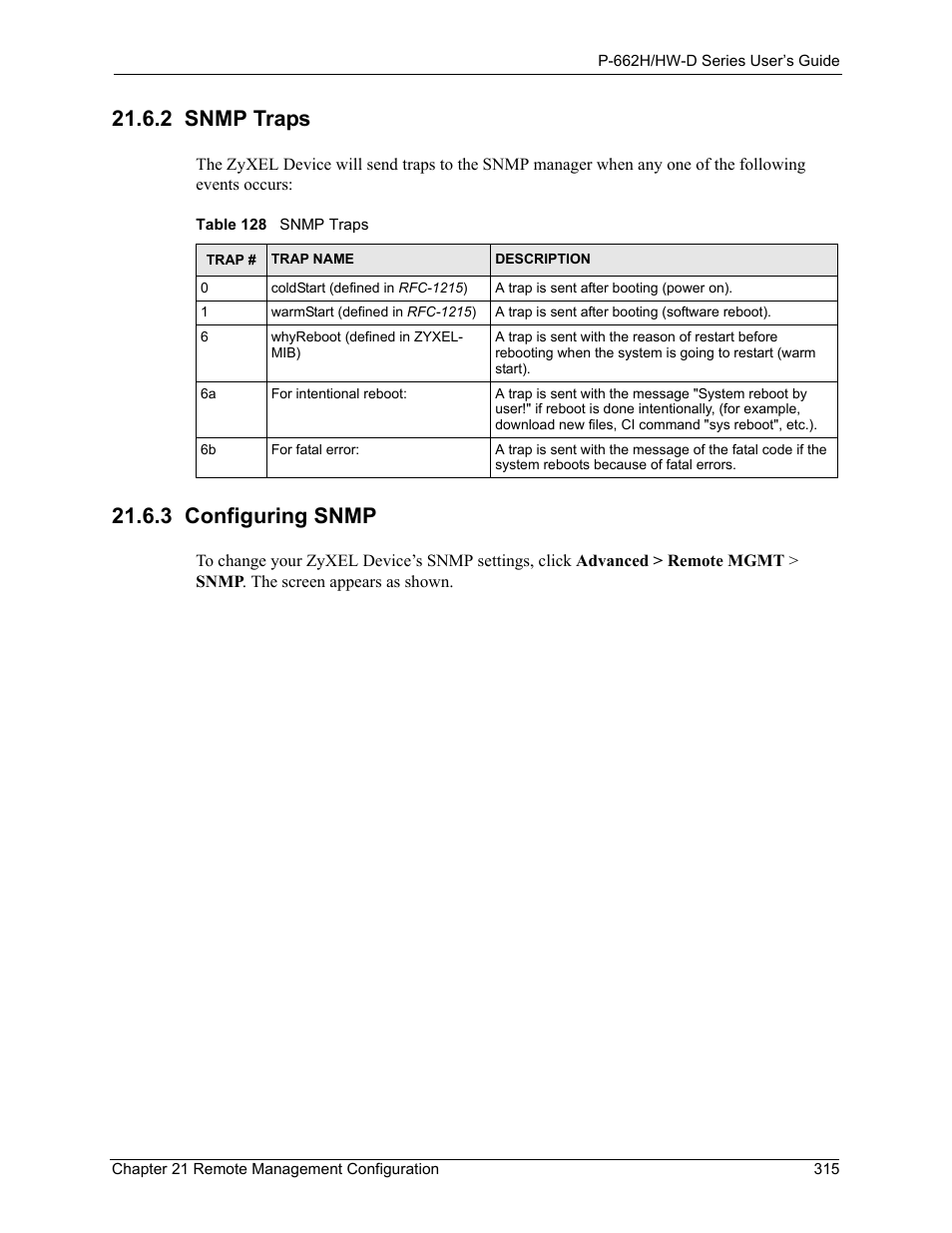 2 snmp traps, 2 snmp traps 21.6.3 configuring snmp, Table 128 snmp traps | 3 configuring snmp | ZyXEL Communications 802.11g ADSL 2+ 4-Port Security Gateway HW-D Series User Manual | Page 315 / 496