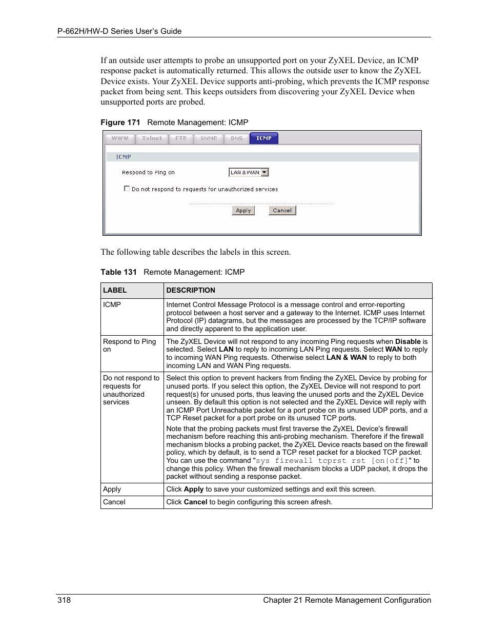 Figure 171 remote management: icmp, Table 131 remote management: icmp | ZyXEL Communications 802.11g ADSL 2+ 4-Port Security Gateway HW-D Series User Manual | Page 318 / 496