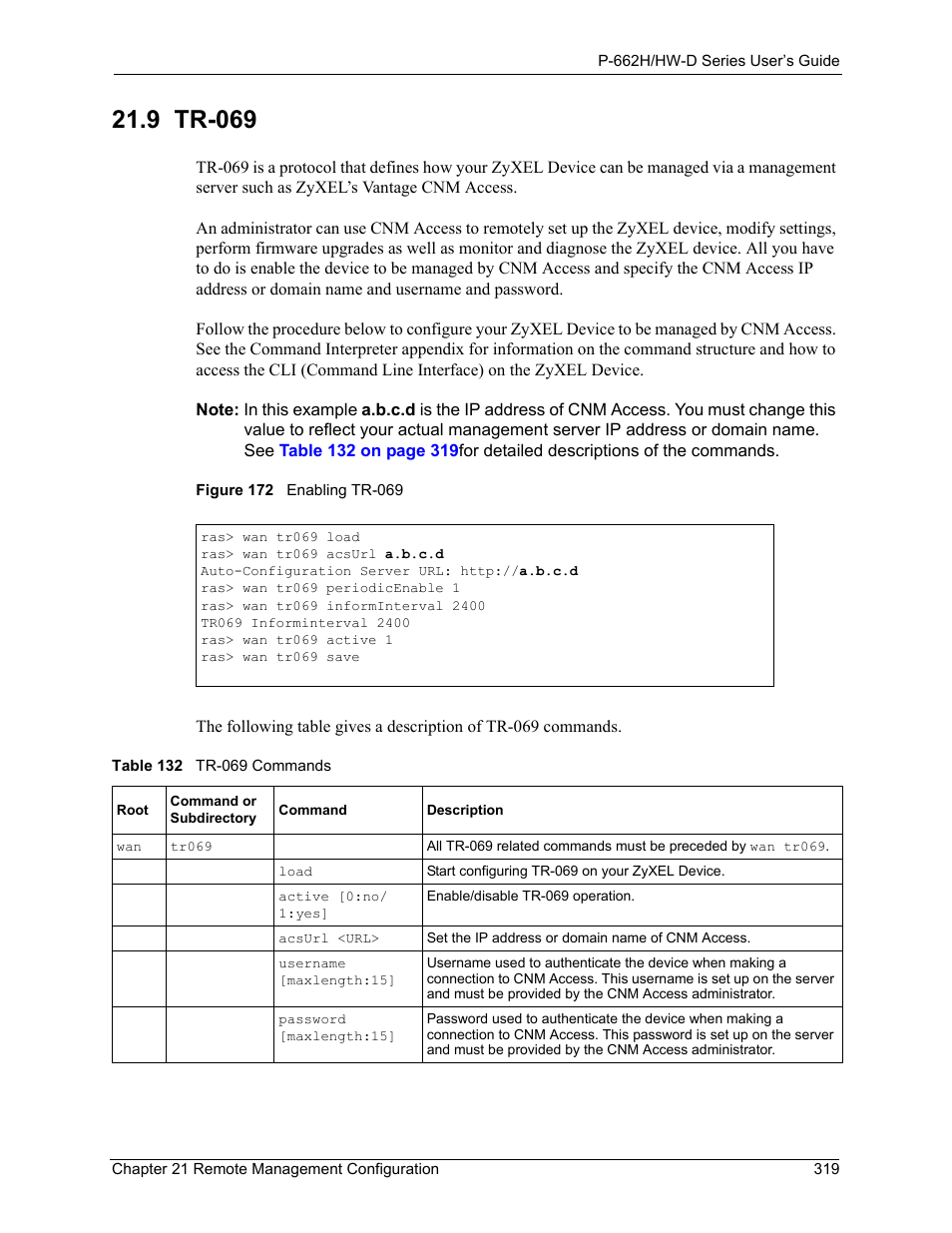 9 tr-069, Figure 172 enabling tr-069, Table 132 tr-069 commands | ZyXEL Communications 802.11g ADSL 2+ 4-Port Security Gateway HW-D Series User Manual | Page 319 / 496
