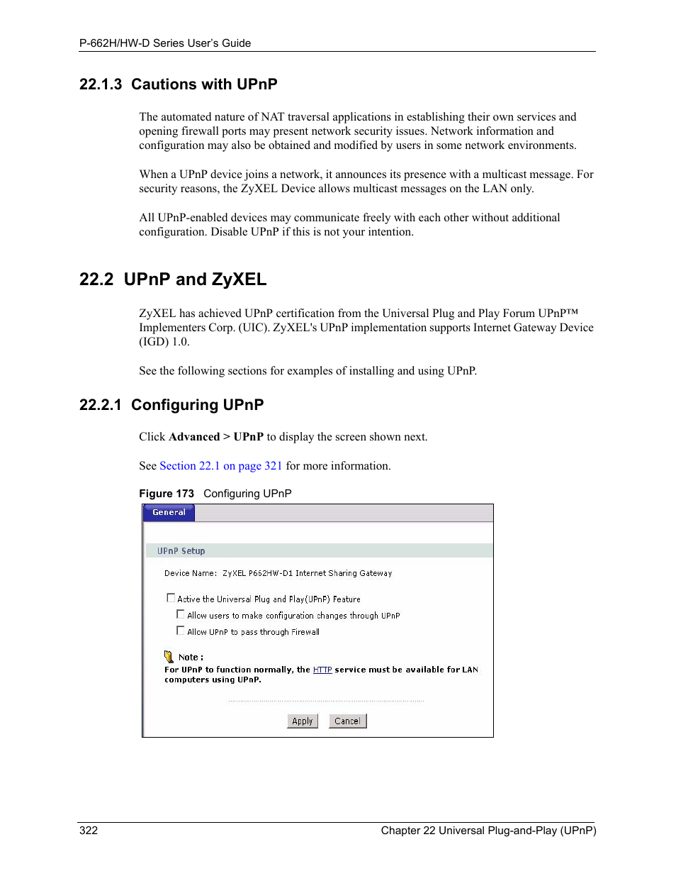3 cautions with upnp, 2 upnp and zyxel, 1 configuring upnp | Figure 173 configuring upnp | ZyXEL Communications 802.11g ADSL 2+ 4-Port Security Gateway HW-D Series User Manual | Page 322 / 496