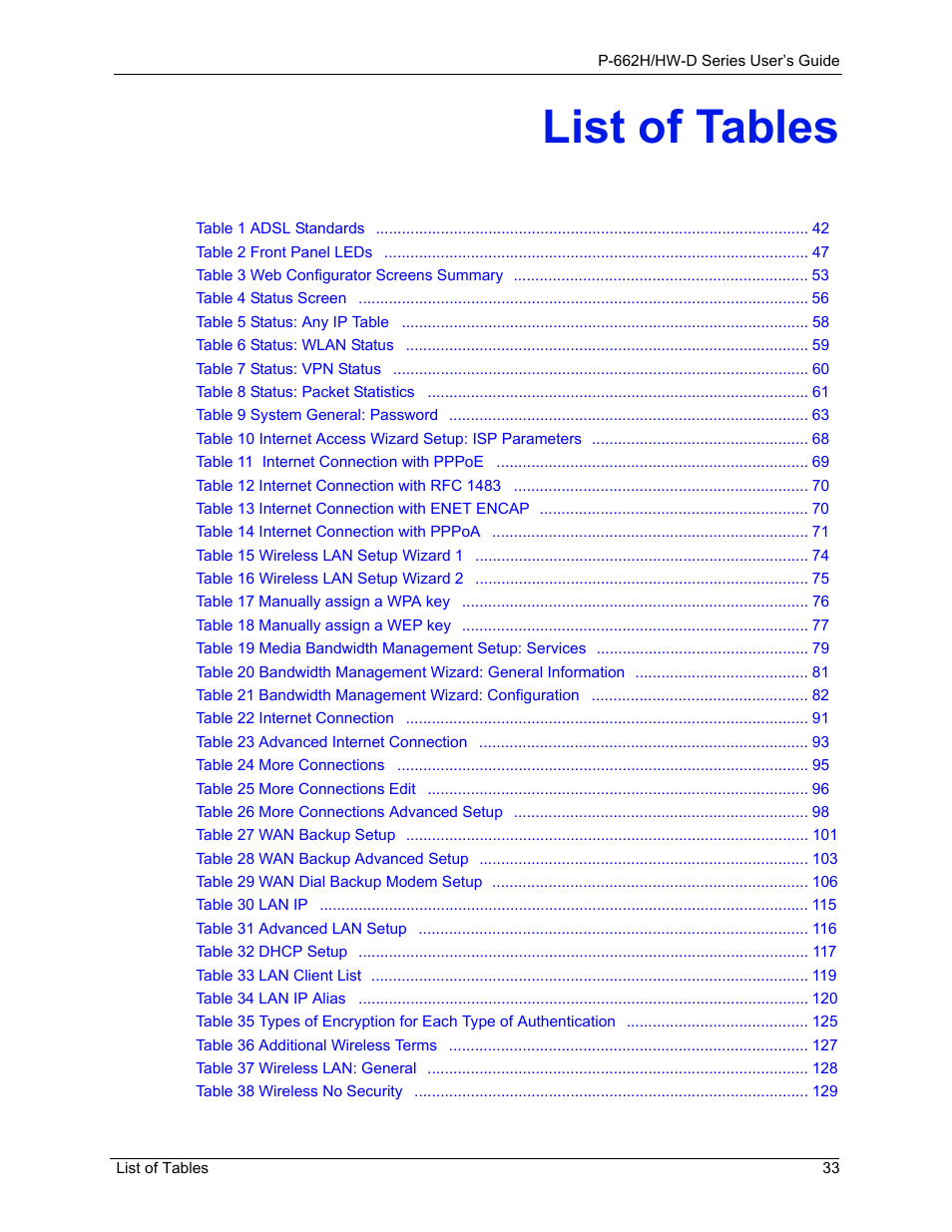 List of tables | ZyXEL Communications 802.11g ADSL 2+ 4-Port Security Gateway HW-D Series User Manual | Page 33 / 496
