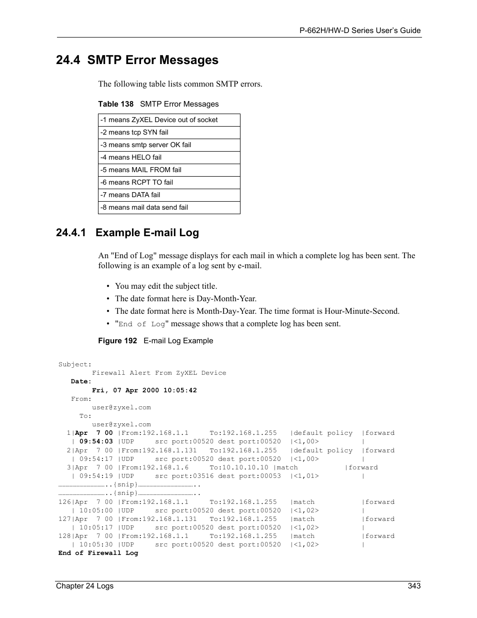 4 smtp error messages, 1 example e-mail log, Figure 192 e-mail log example | Table 138 smtp error messages | ZyXEL Communications 802.11g ADSL 2+ 4-Port Security Gateway HW-D Series User Manual | Page 343 / 496