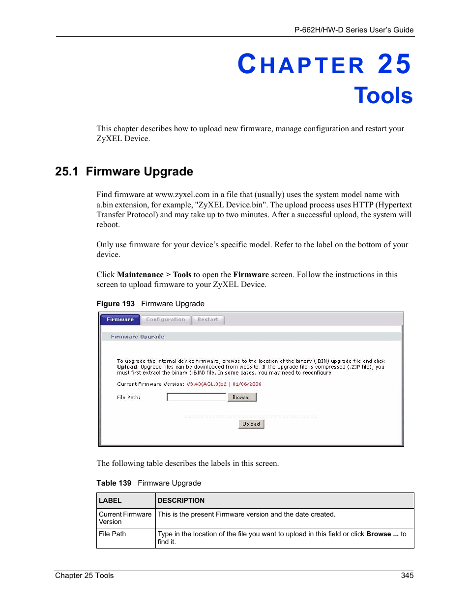 Tools, Chapter 25 tools, 1 firmware upgrade | Figure 193 firmware upgrade, Table 139 firmware upgrade | ZyXEL Communications 802.11g ADSL 2+ 4-Port Security Gateway HW-D Series User Manual | Page 345 / 496