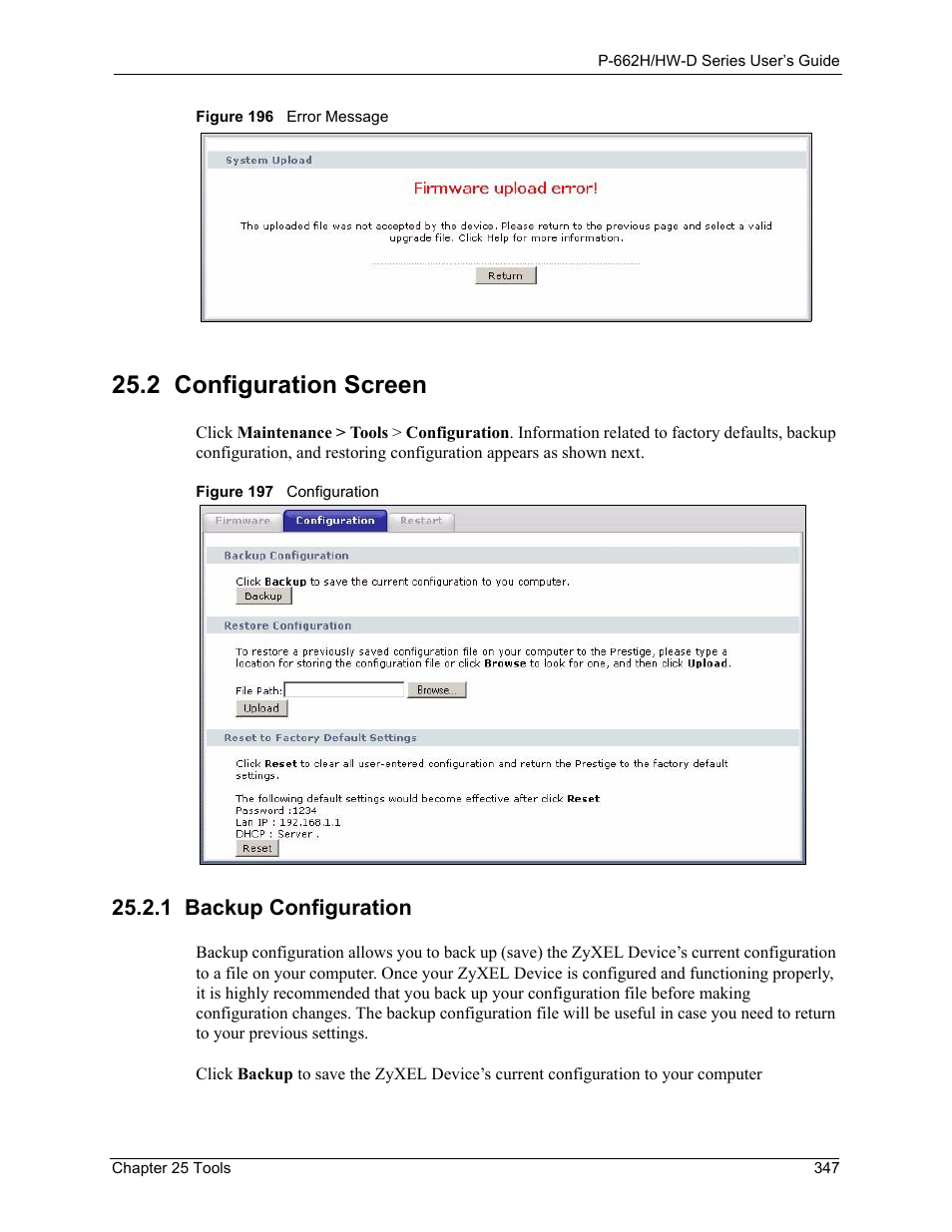 1 backup configuration, 2 configuration screen, Figure 196 error message figure 197 configuration | ZyXEL Communications 802.11g ADSL 2+ 4-Port Security Gateway HW-D Series User Manual | Page 347 / 496