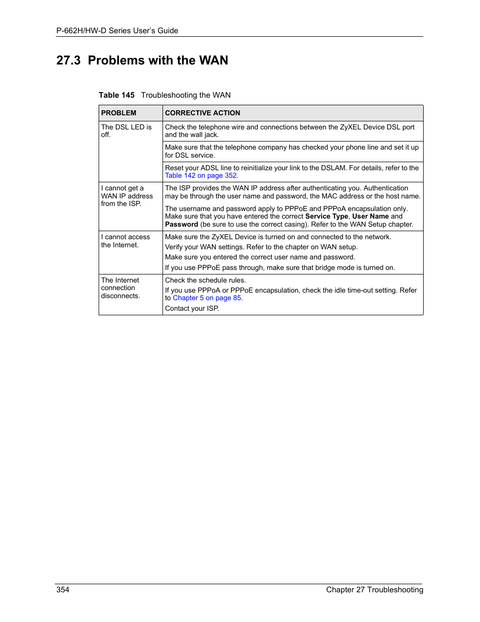 3 problems with the wan, Table 145 troubleshooting the wan | ZyXEL Communications 802.11g ADSL 2+ 4-Port Security Gateway HW-D Series User Manual | Page 354 / 496