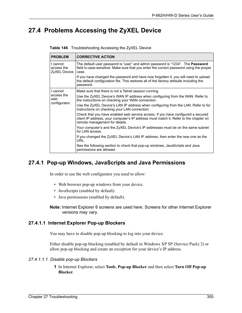 4 problems accessing the zyxel device, 1 pop-up windows, javascripts and java permissions, 1 internet explorer pop-up blockers | ZyXEL Communications 802.11g ADSL 2+ 4-Port Security Gateway HW-D Series User Manual | Page 355 / 496