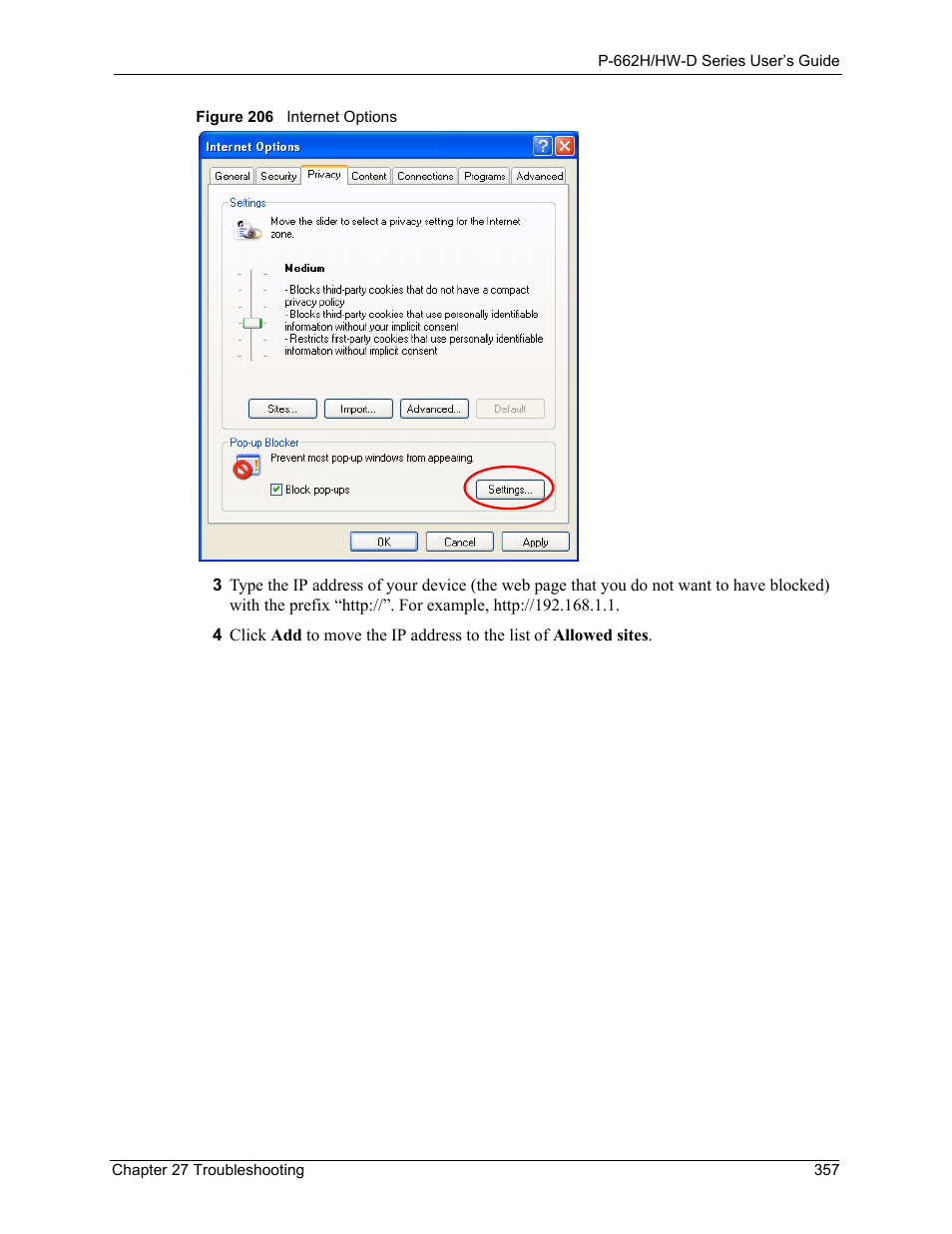 Figure 206 internet options | ZyXEL Communications 802.11g ADSL 2+ 4-Port Security Gateway HW-D Series User Manual | Page 357 / 496