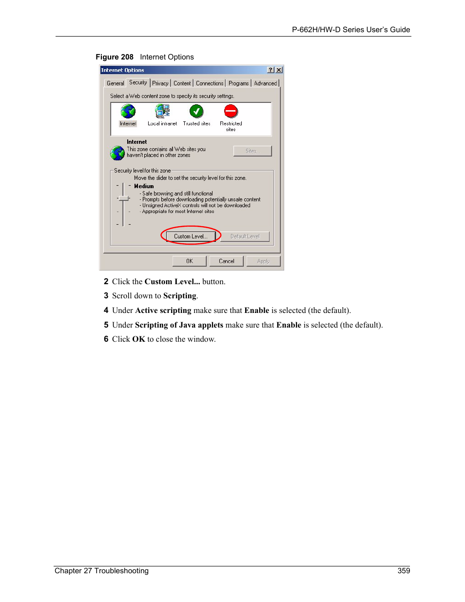 Figure 208 internet options | ZyXEL Communications 802.11g ADSL 2+ 4-Port Security Gateway HW-D Series User Manual | Page 359 / 496