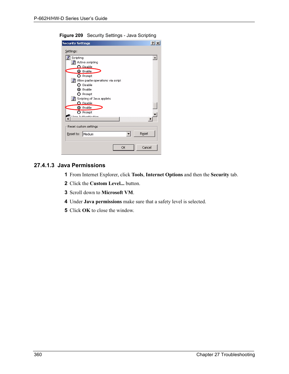 3 java permissions, Figure 209 security settings - java scripting | ZyXEL Communications 802.11g ADSL 2+ 4-Port Security Gateway HW-D Series User Manual | Page 360 / 496