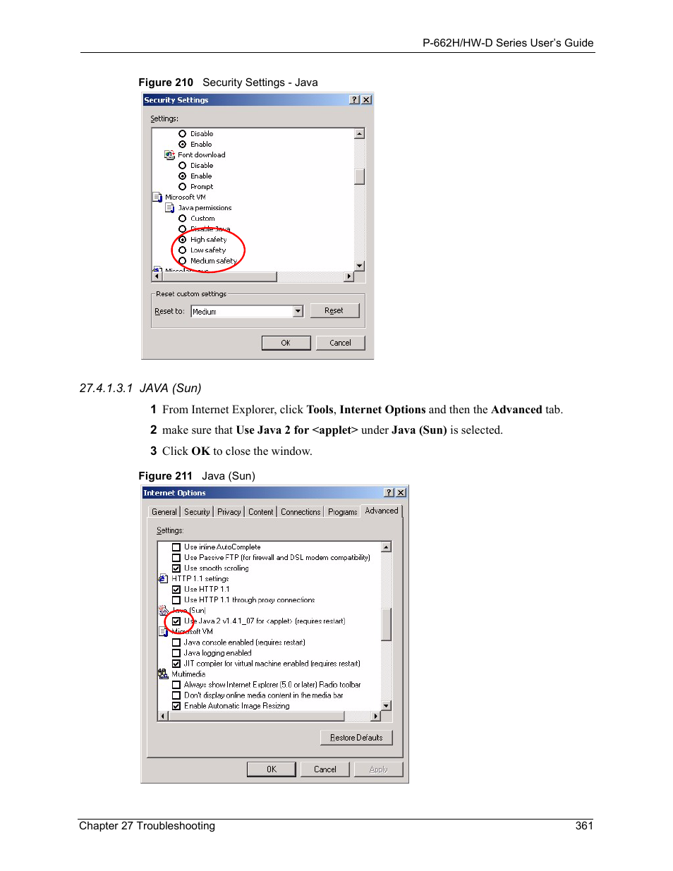Figure 210 security settings - java, Figure 211 java (sun) | ZyXEL Communications 802.11g ADSL 2+ 4-Port Security Gateway HW-D Series User Manual | Page 361 / 496