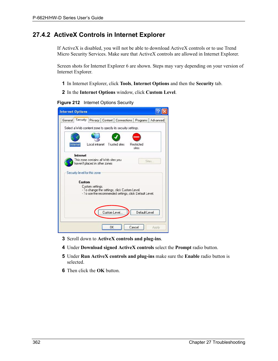 2 activex controls in internet explorer, Figure 212 internet options security | ZyXEL Communications 802.11g ADSL 2+ 4-Port Security Gateway HW-D Series User Manual | Page 362 / 496