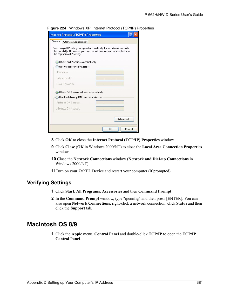 Macintosh os 8/9, Verifying settings | ZyXEL Communications 802.11g ADSL 2+ 4-Port Security Gateway HW-D Series User Manual | Page 381 / 496