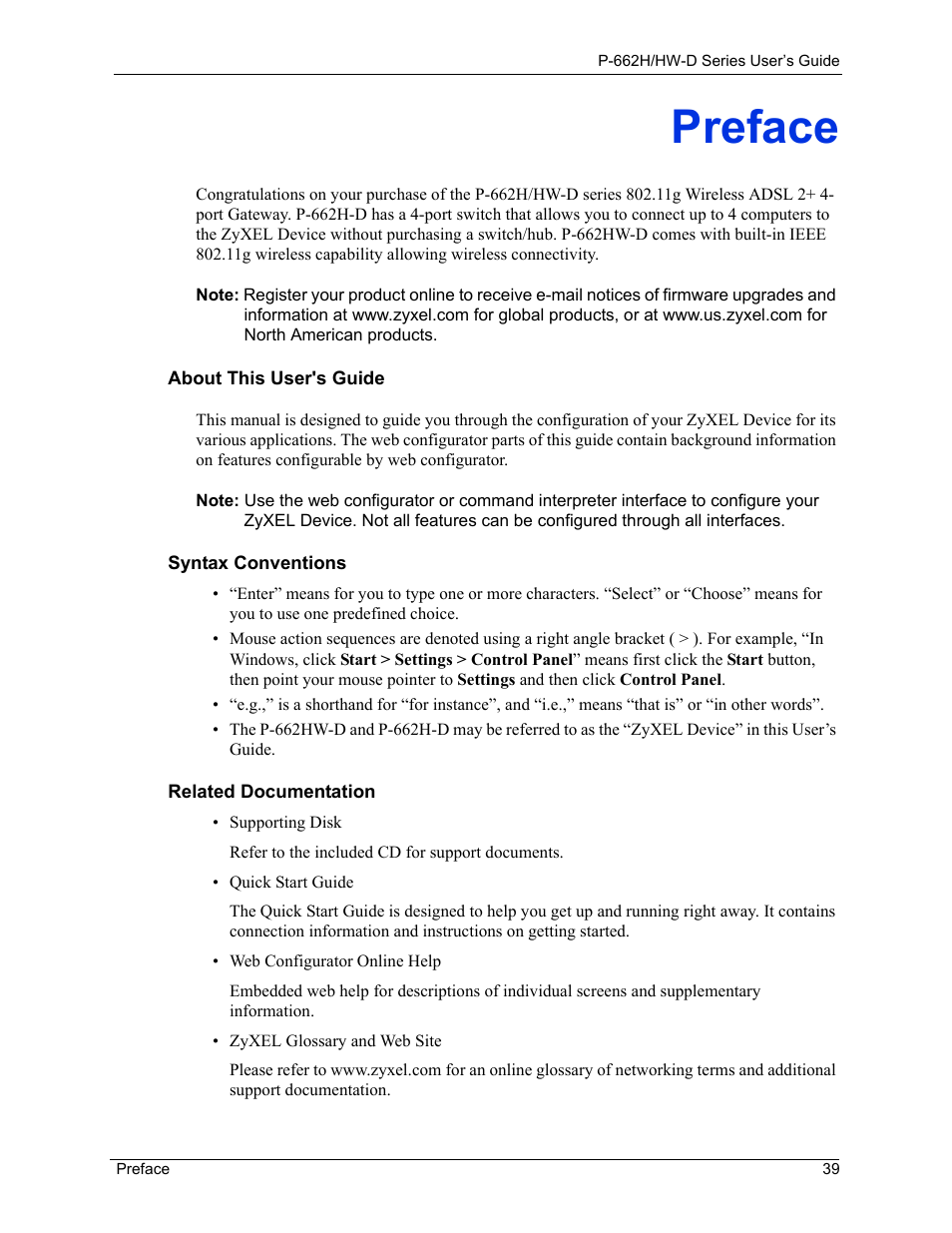 Preface | ZyXEL Communications 802.11g ADSL 2+ 4-Port Security Gateway HW-D Series User Manual | Page 39 / 496