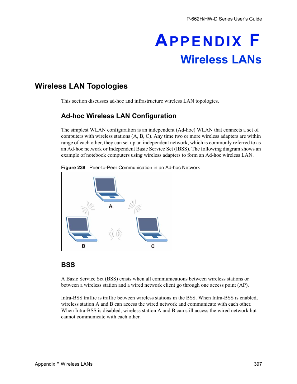 Wireless lans, Appendix f wireless lans, Wireless lan topologies | ZyXEL Communications 802.11g ADSL 2+ 4-Port Security Gateway HW-D Series User Manual | Page 397 / 496