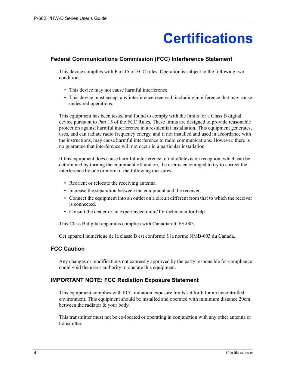 Certifications | ZyXEL Communications 802.11g ADSL 2+ 4-Port Security Gateway HW-D Series User Manual | Page 4 / 496