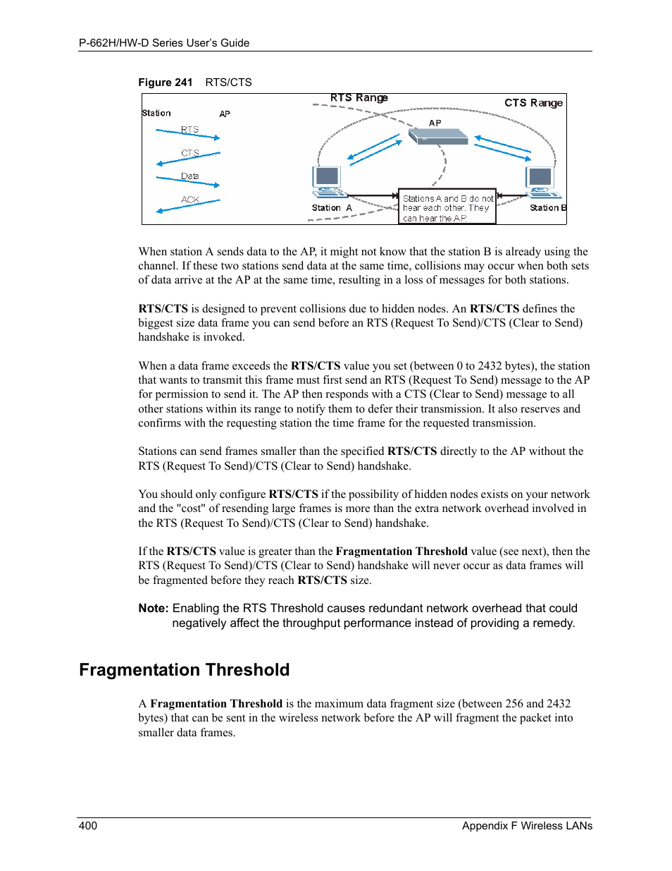 Fragmentation threshold, Figure 241 rts/cts | ZyXEL Communications 802.11g ADSL 2+ 4-Port Security Gateway HW-D Series User Manual | Page 400 / 496