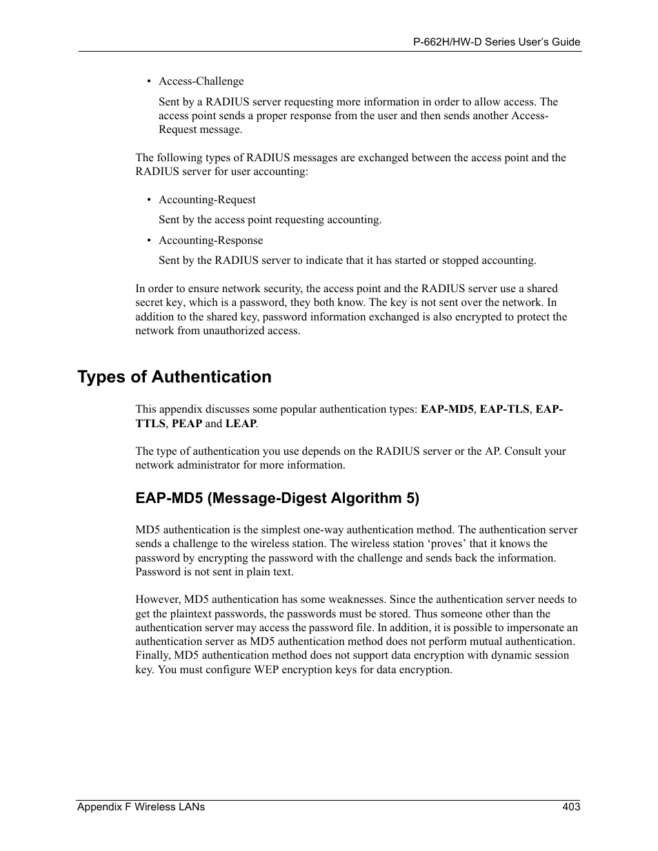Types of authentication, Eap-md5 (message-digest algorithm 5) | ZyXEL Communications 802.11g ADSL 2+ 4-Port Security Gateway HW-D Series User Manual | Page 403 / 496