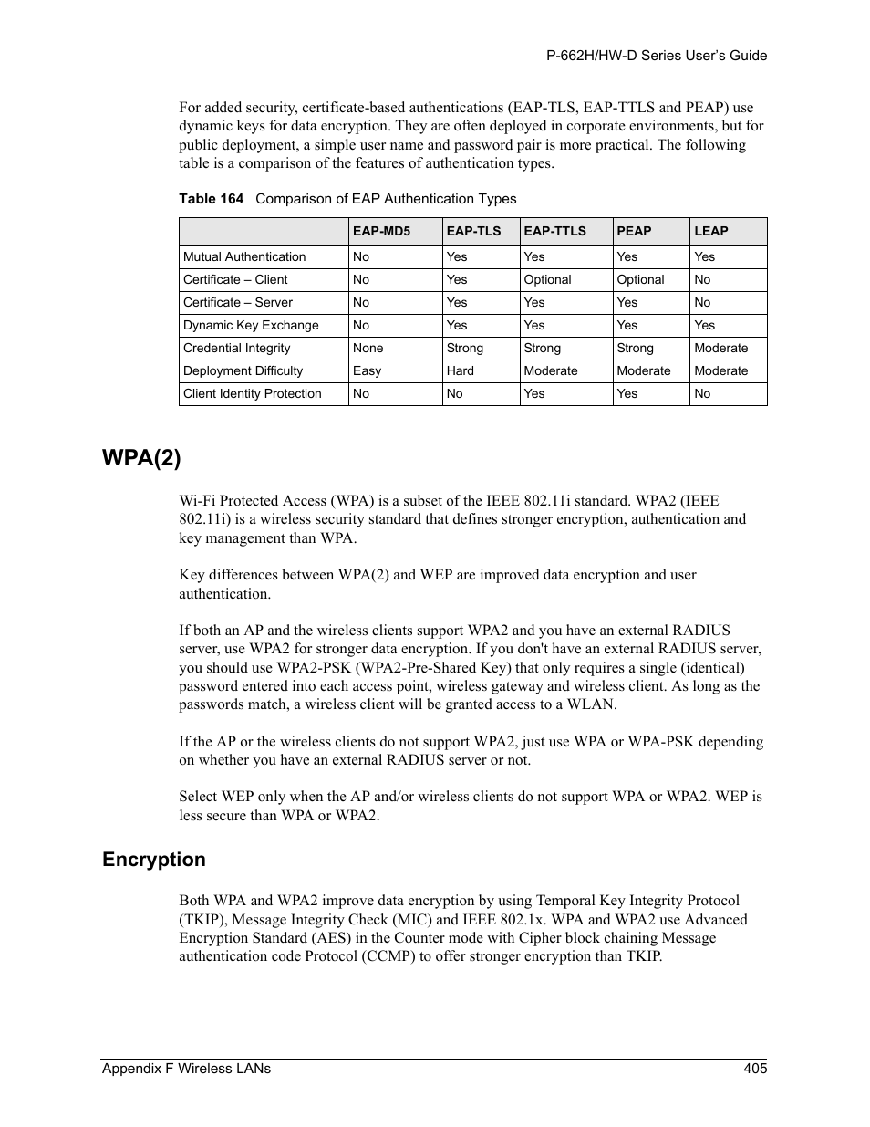 Wpa(2), Table 164 comparison of eap authentication types, Encryption | ZyXEL Communications 802.11g ADSL 2+ 4-Port Security Gateway HW-D Series User Manual | Page 405 / 496