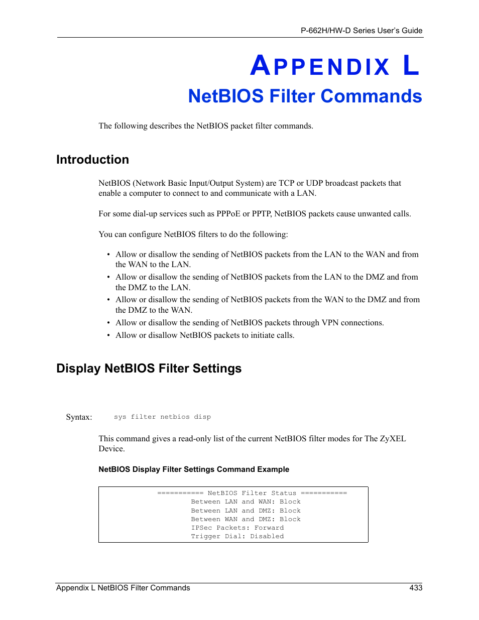 Netbios filter commands, Appendix l netbios filter commands, Introduction display netbios filter settings | ZyXEL Communications 802.11g ADSL 2+ 4-Port Security Gateway HW-D Series User Manual | Page 433 / 496