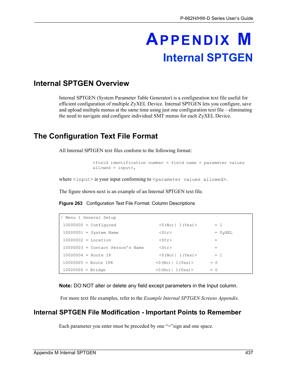 Internal sptgen, Appendix m internal sptgen, Internal sptgen overview | The configuration text file format | ZyXEL Communications 802.11g ADSL 2+ 4-Port Security Gateway HW-D Series User Manual | Page 437 / 496