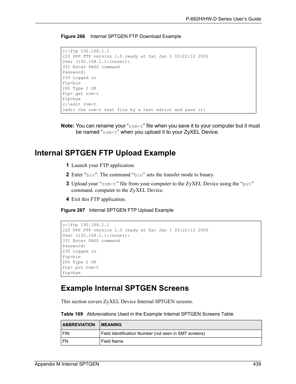 Internal sptgen ftp upload example, Example internal sptgen screens | ZyXEL Communications 802.11g ADSL 2+ 4-Port Security Gateway HW-D Series User Manual | Page 439 / 496