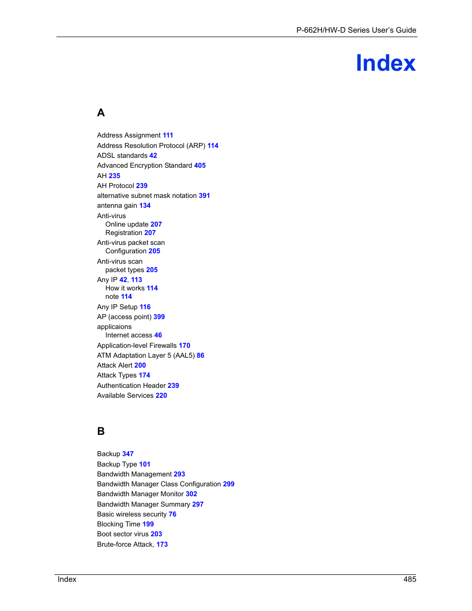 Index | ZyXEL Communications 802.11g ADSL 2+ 4-Port Security Gateway HW-D Series User Manual | Page 485 / 496