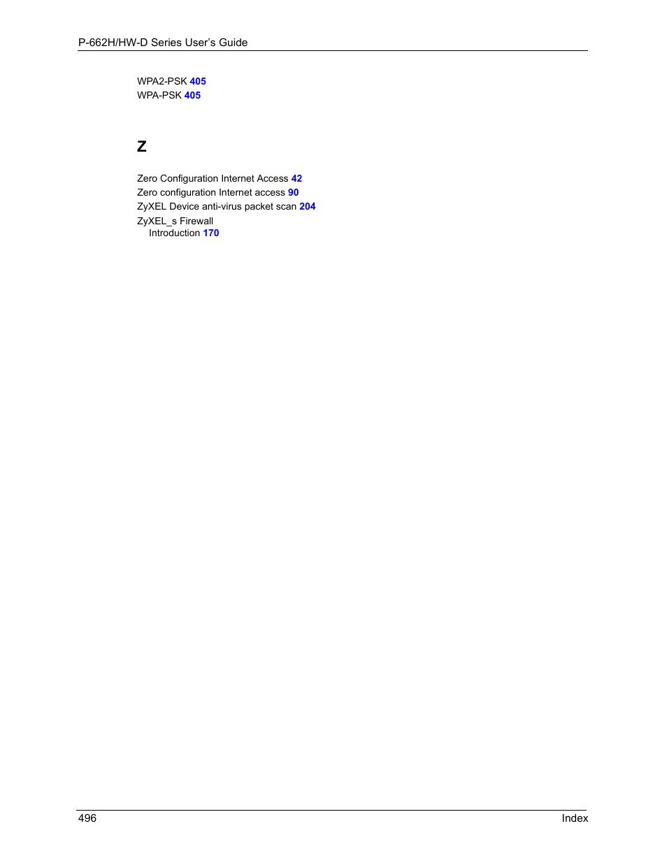 ZyXEL Communications 802.11g ADSL 2+ 4-Port Security Gateway HW-D Series User Manual | Page 496 / 496