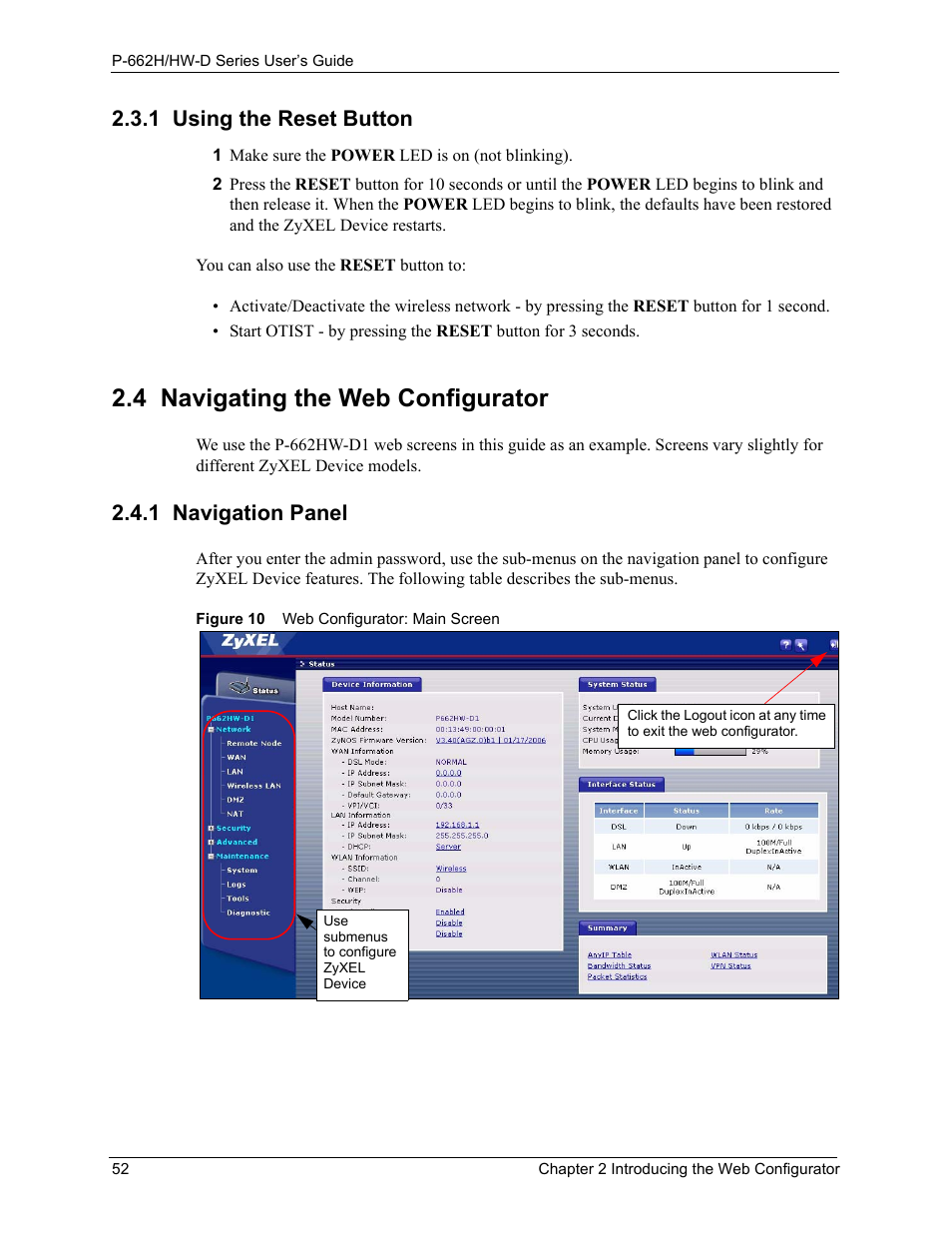 1 using the reset button, 4 navigating the web configurator, 1 navigation panel | Figure 10 web configurator: main screen | ZyXEL Communications 802.11g ADSL 2+ 4-Port Security Gateway HW-D Series User Manual | Page 52 / 496