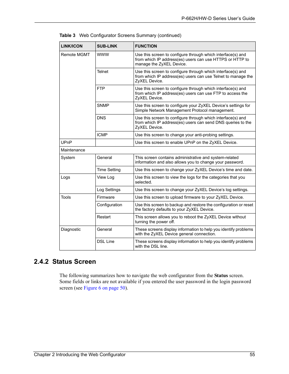 2 status screen, D refer to, Section 2.4.2 on | For more information about the | ZyXEL Communications 802.11g ADSL 2+ 4-Port Security Gateway HW-D Series User Manual | Page 55 / 496