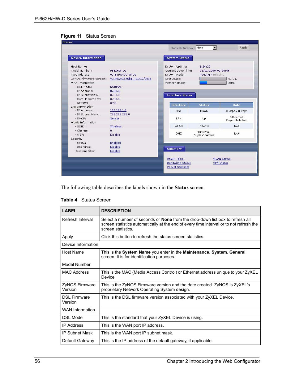 Figure 11 status screen, Table 4 status screen | ZyXEL Communications 802.11g ADSL 2+ 4-Port Security Gateway HW-D Series User Manual | Page 56 / 496
