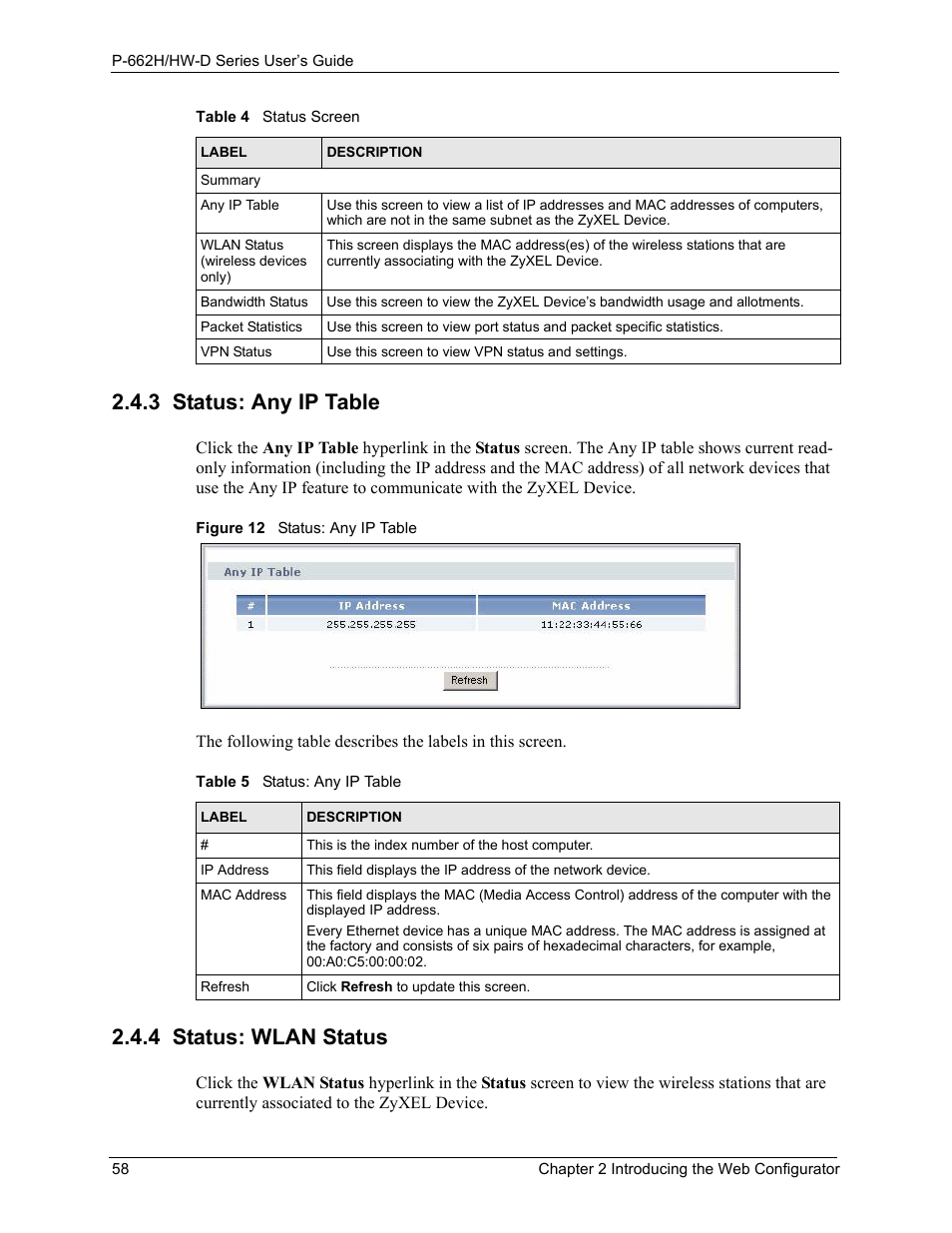 3 status: any ip table 2.4.4 status: wlan status, Figure 12 status: any ip table, Table 5 status: any ip table | 3 status: any ip table, 4 status: wlan status | ZyXEL Communications 802.11g ADSL 2+ 4-Port Security Gateway HW-D Series User Manual | Page 58 / 496