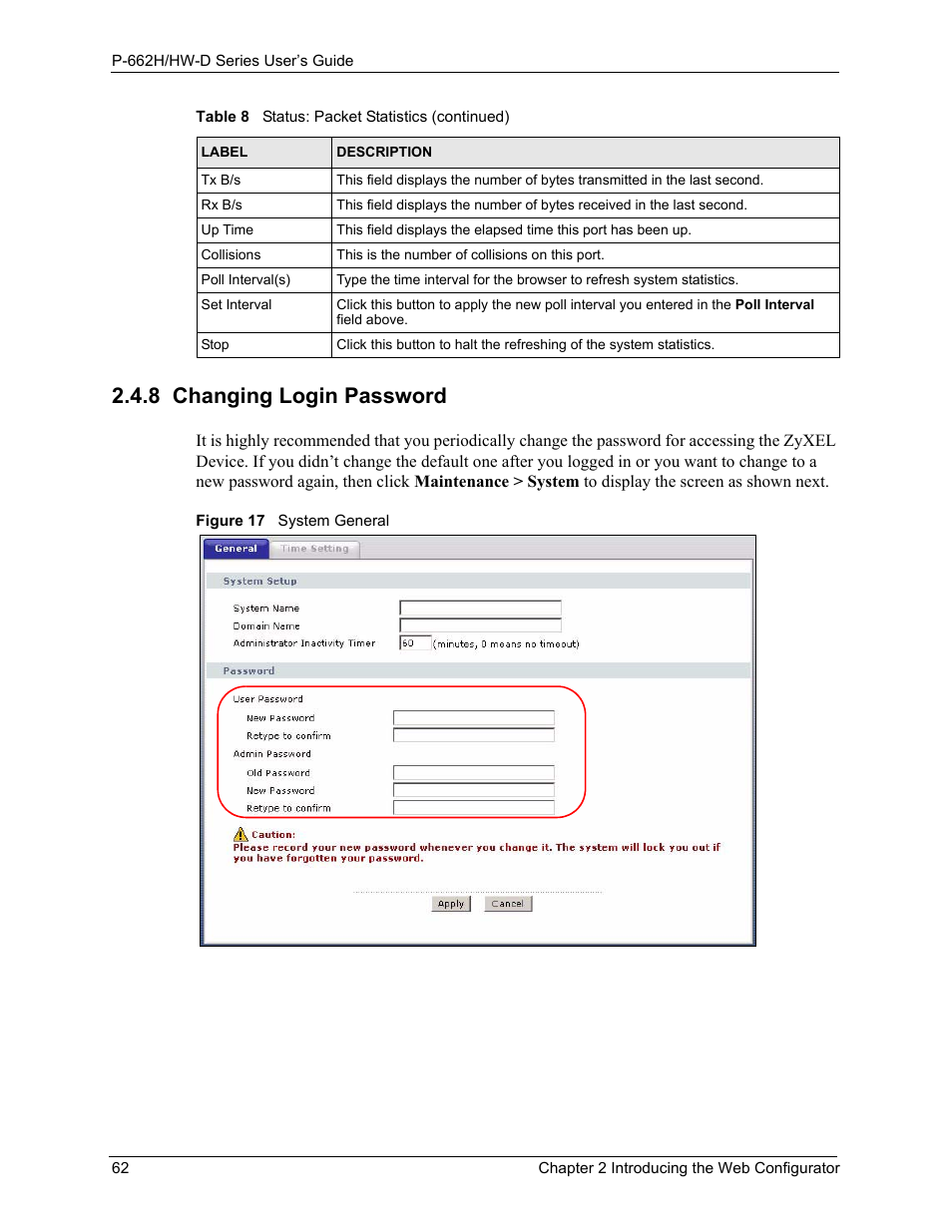 8 changing login password, Figure 17 system general | ZyXEL Communications 802.11g ADSL 2+ 4-Port Security Gateway HW-D Series User Manual | Page 62 / 496