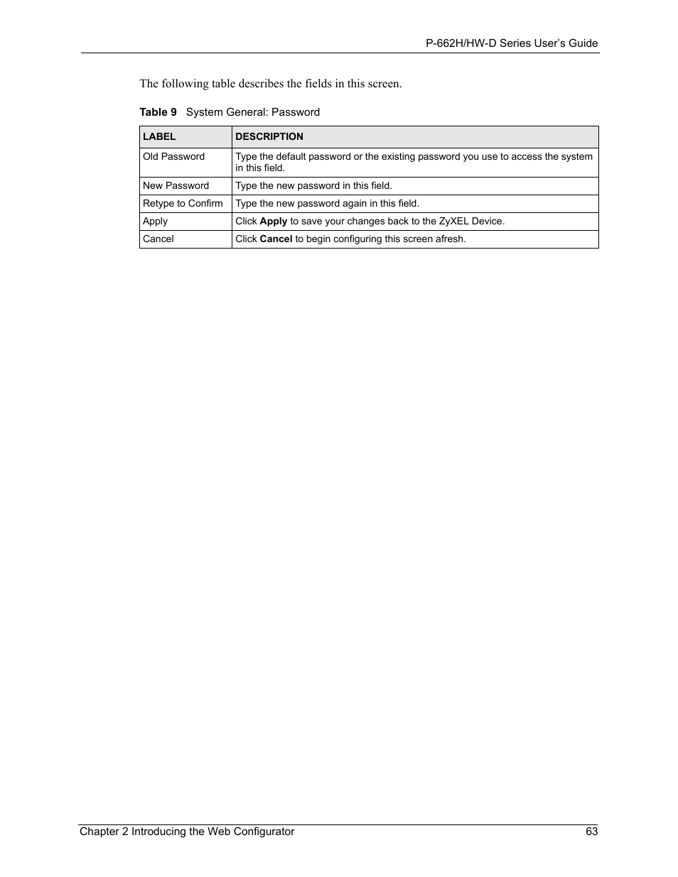 Table 9 system general: password | ZyXEL Communications 802.11g ADSL 2+ 4-Port Security Gateway HW-D Series User Manual | Page 63 / 496