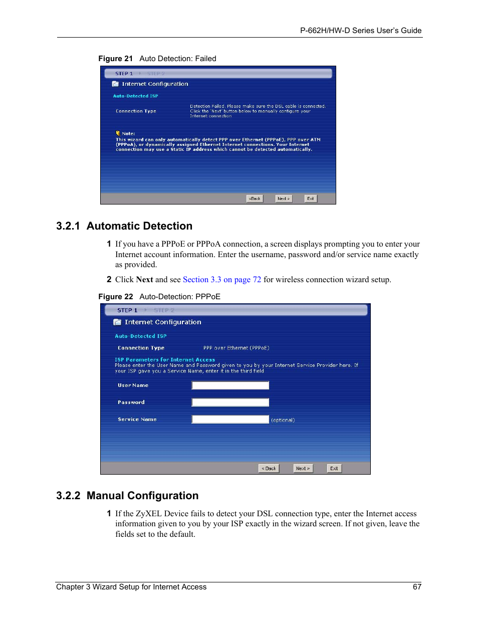 1 automatic detection, 2 manual configuration, 1 automatic detection 3.2.2 manual configuration | Click | ZyXEL Communications 802.11g ADSL 2+ 4-Port Security Gateway HW-D Series User Manual | Page 67 / 496