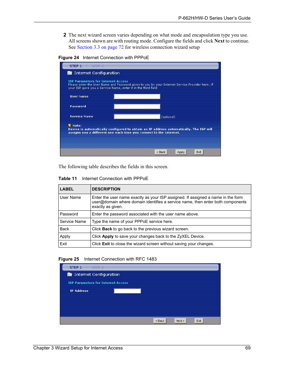 Table 11 internet connection with pppoe | ZyXEL Communications 802.11g ADSL 2+ 4-Port Security Gateway HW-D Series User Manual | Page 69 / 496