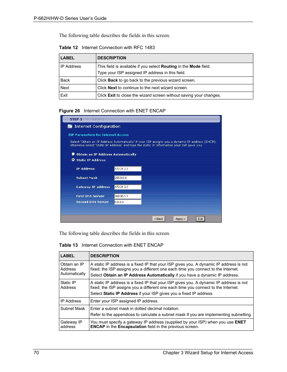 Figure 26 internet connection with enet encap | ZyXEL Communications 802.11g ADSL 2+ 4-Port Security Gateway HW-D Series User Manual | Page 70 / 496