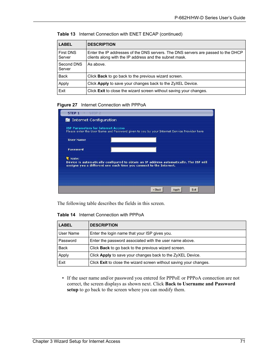 Figure 27 internet connection with pppoa, Table 14 internet connection with pppoa | ZyXEL Communications 802.11g ADSL 2+ 4-Port Security Gateway HW-D Series User Manual | Page 71 / 496