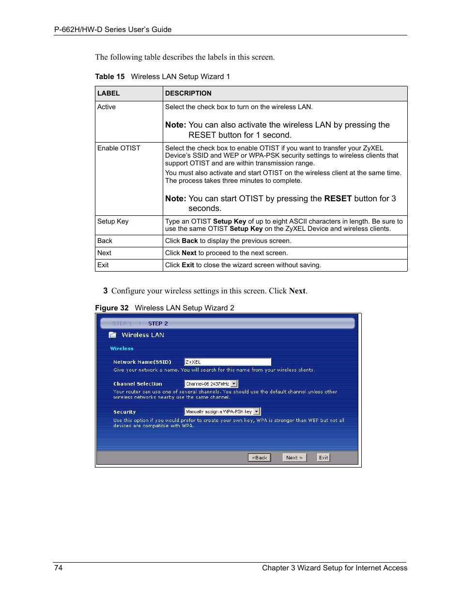 Figure 32 wireless lan setup wizard 2, Table 15 wireless lan setup wizard 1 | ZyXEL Communications 802.11g ADSL 2+ 4-Port Security Gateway HW-D Series User Manual | Page 74 / 496