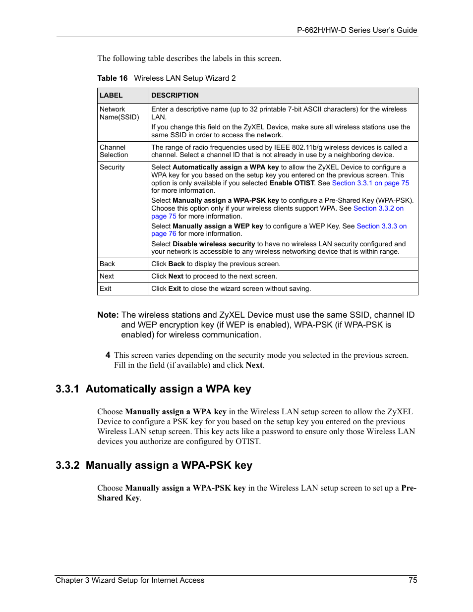 Table 16 wireless lan setup wizard 2, 1 automatically assign a wpa key, 2 manually assign a wpa-psk key | ZyXEL Communications 802.11g ADSL 2+ 4-Port Security Gateway HW-D Series User Manual | Page 75 / 496