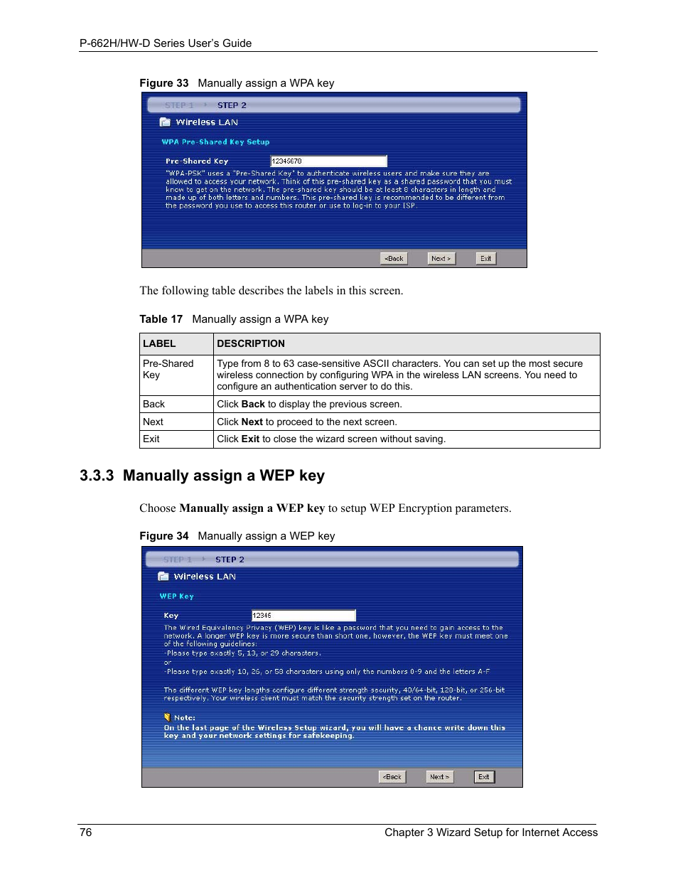 3 manually assign a wep key, Table 17 manually assign a wpa key, Section 3.3.3 on | ZyXEL Communications 802.11g ADSL 2+ 4-Port Security Gateway HW-D Series User Manual | Page 76 / 496