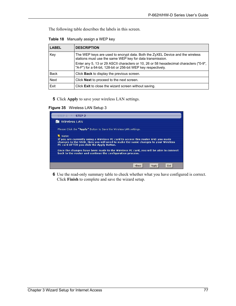 Figure 35 wireless lan setup 3, Table 18 manually assign a wep key | ZyXEL Communications 802.11g ADSL 2+ 4-Port Security Gateway HW-D Series User Manual | Page 77 / 496