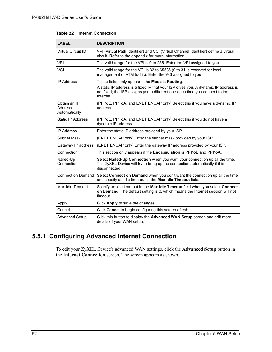 1 configuring advanced internet connection | ZyXEL Communications 802.11g ADSL 2+ 4-Port Security Gateway HW-D Series User Manual | Page 92 / 496