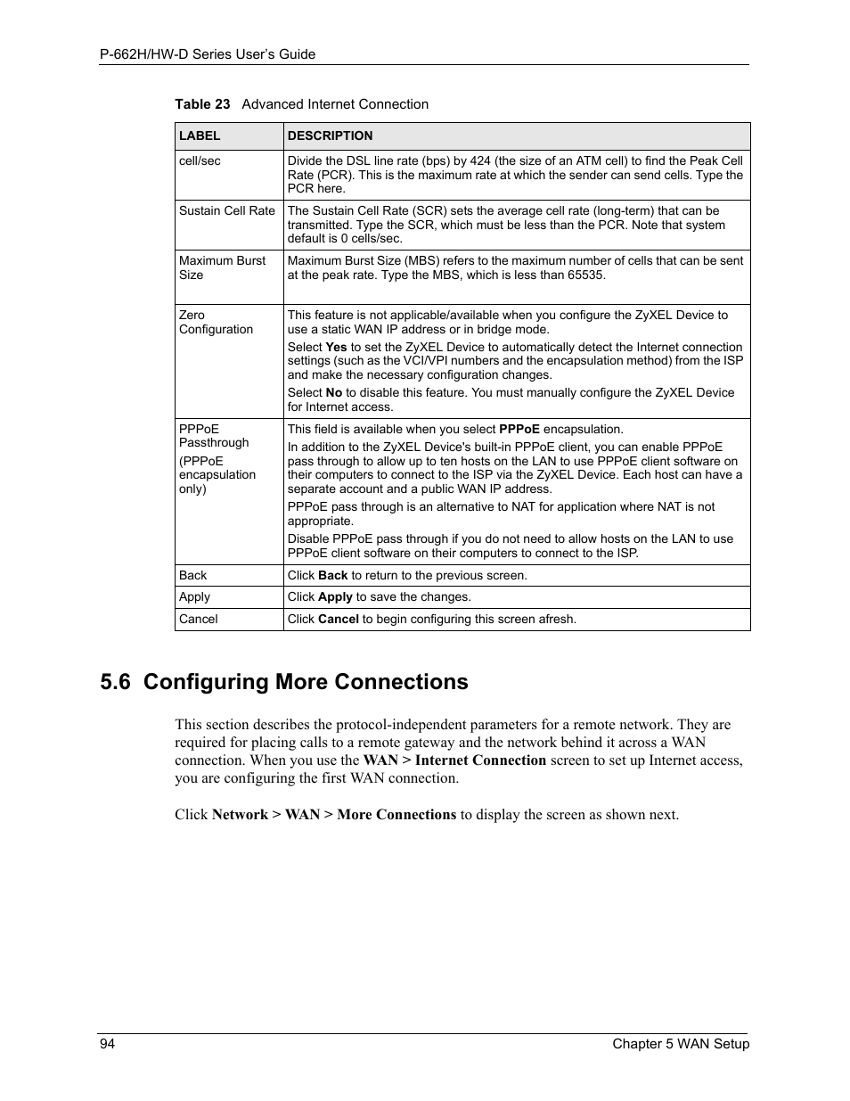 6 configuring more connections | ZyXEL Communications 802.11g ADSL 2+ 4-Port Security Gateway HW-D Series User Manual | Page 94 / 496