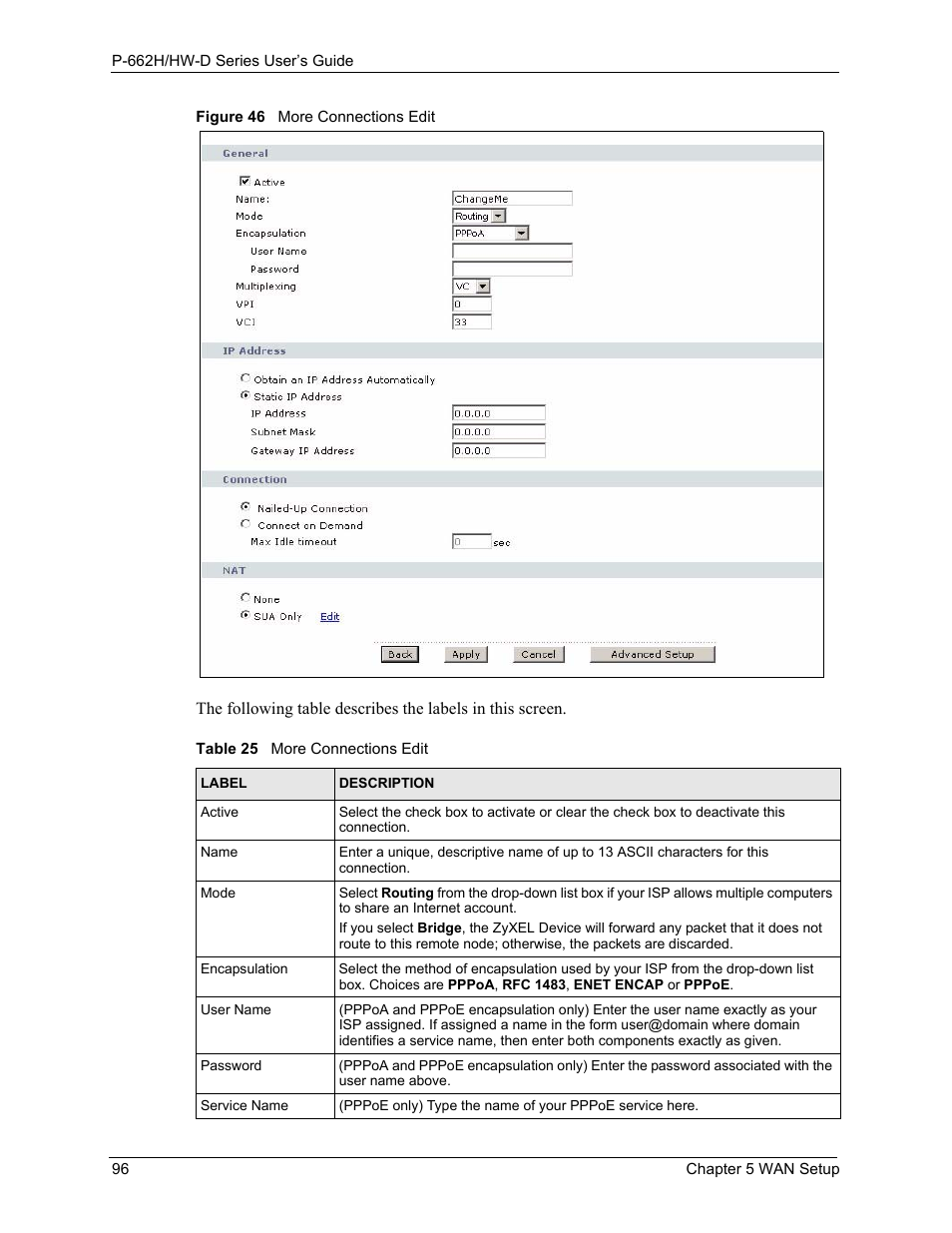 Figure 46 more connections edit, Table 25 more connections edit | ZyXEL Communications 802.11g ADSL 2+ 4-Port Security Gateway HW-D Series User Manual | Page 96 / 496