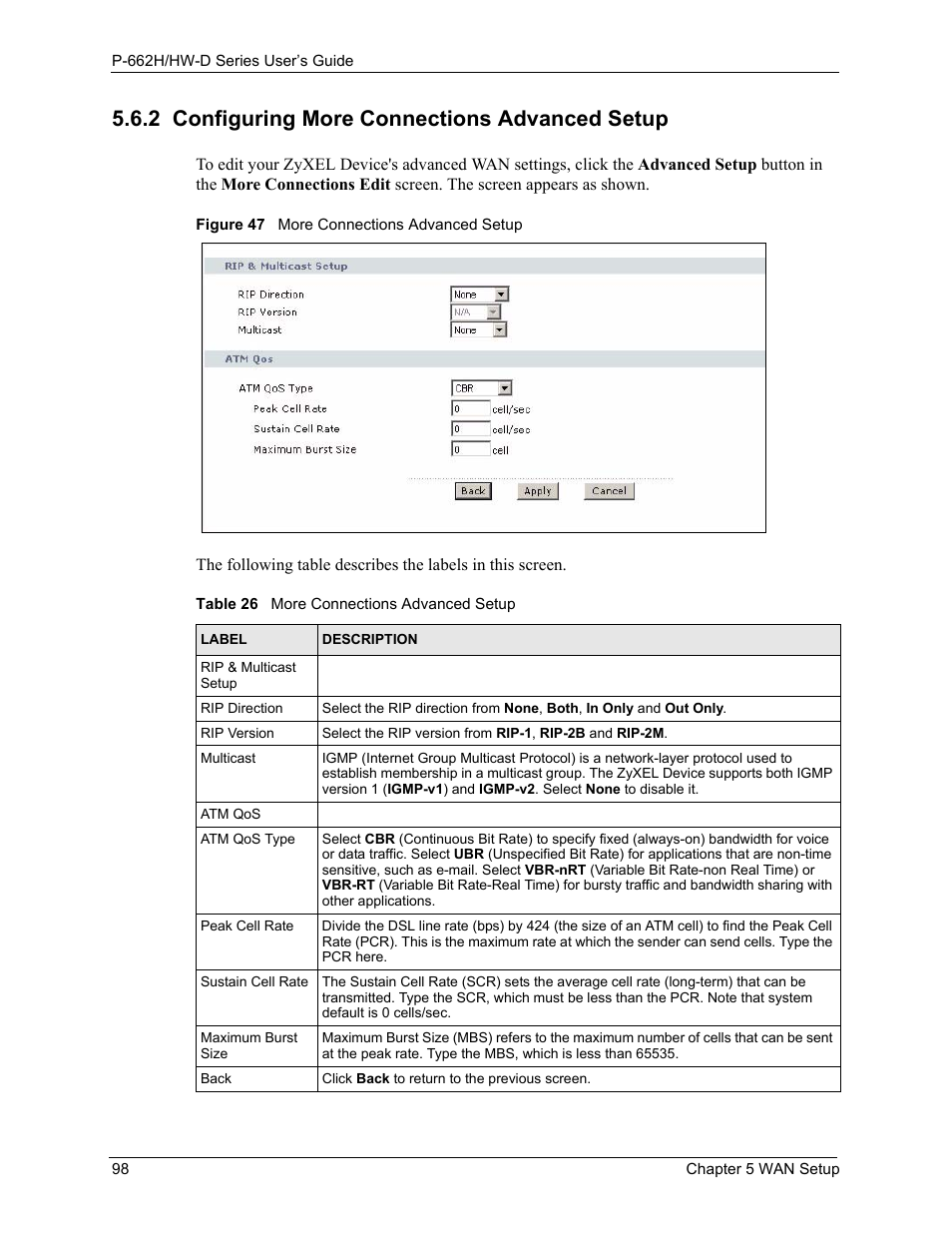 2 configuring more connections advanced setup, Figure 47 more connections advanced setup, Table 26 more connections advanced setup | ZyXEL Communications 802.11g ADSL 2+ 4-Port Security Gateway HW-D Series User Manual | Page 98 / 496