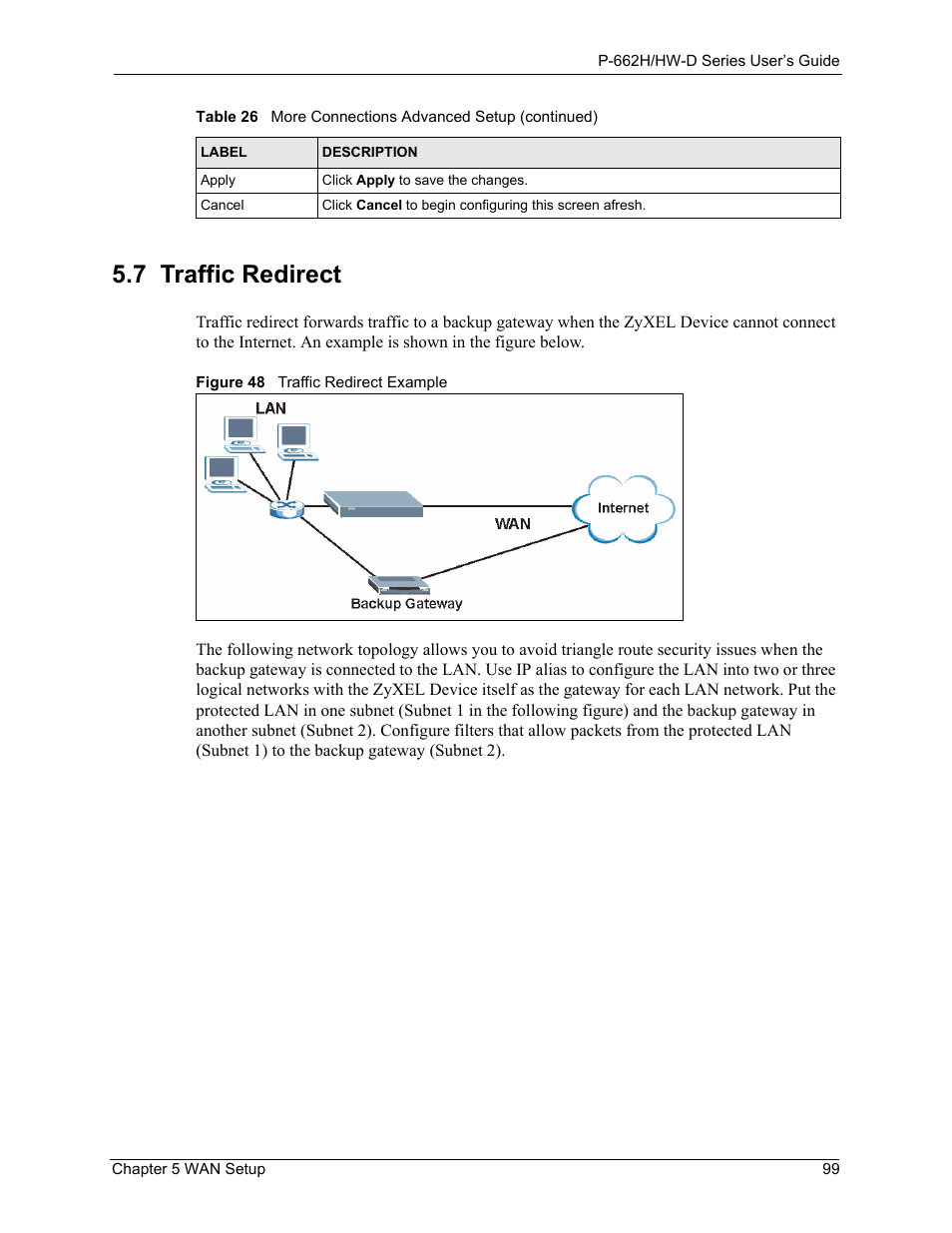 7 traffic redirect, Figure 48 traffic redirect example | ZyXEL Communications 802.11g ADSL 2+ 4-Port Security Gateway HW-D Series User Manual | Page 99 / 496