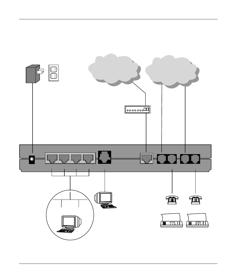 3 connect your pstn router/hub, 1 prestige 128mh connections, Pstn network | Telephone fax, Power adapter power outlet, 56 kbps, External modem or isdn ta, Pstn/isdn network, Computer or, Telephone line) | ZyXEL Communications PRESTIGE 128MH User Manual | Page 33 / 185