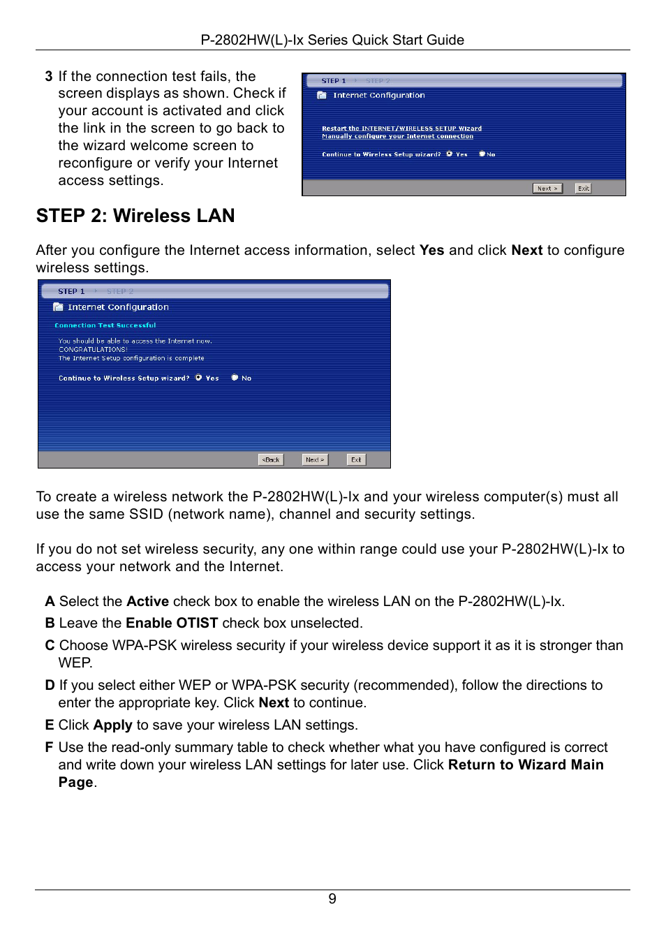 Step 2: wireless lan | ZyXEL Communications P-2802HW(L)-IX User Manual | Page 10 / 15
