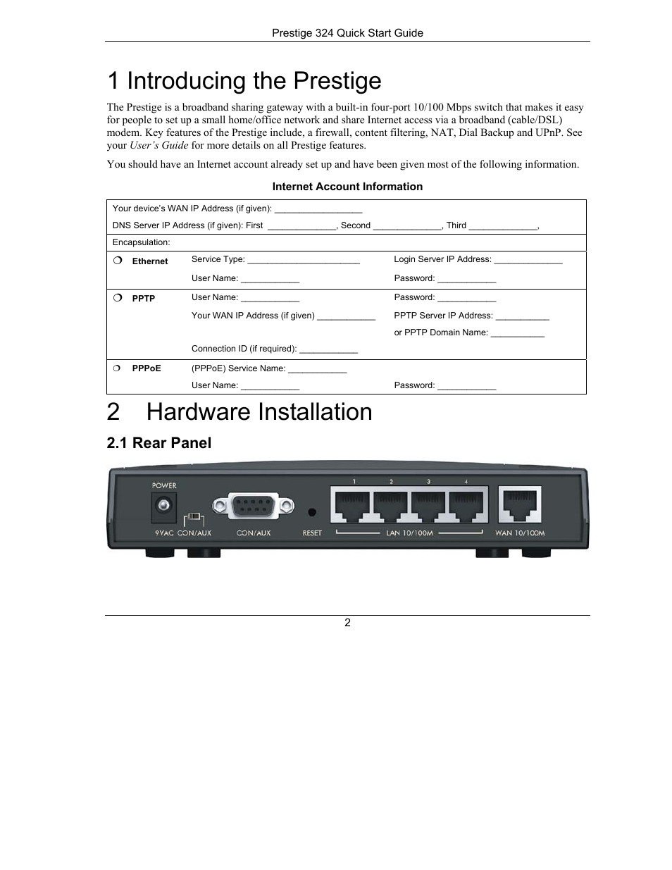 Introducing the prestige, Hardware installation, Rear panel | 1 introducing the prestige, 2 hardware installation, 1 rear panel | ZyXEL Communications PRESTIGE 324 User Manual | Page 2 / 10